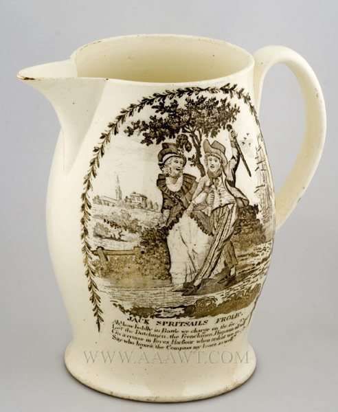 Liverpool Jug, Pitcher, Jack Spritsails Frolic
Creamware
Circa 1790 to 1825, entire view